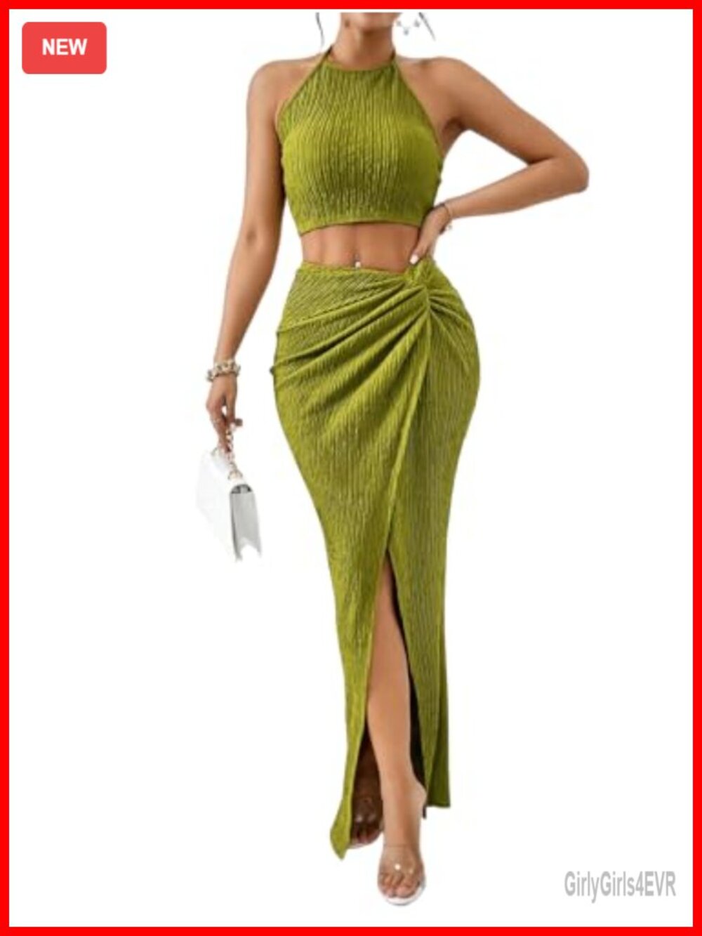 Women's 2 Piece Textured Halter Crop Top and Split Maxi Skirt Set